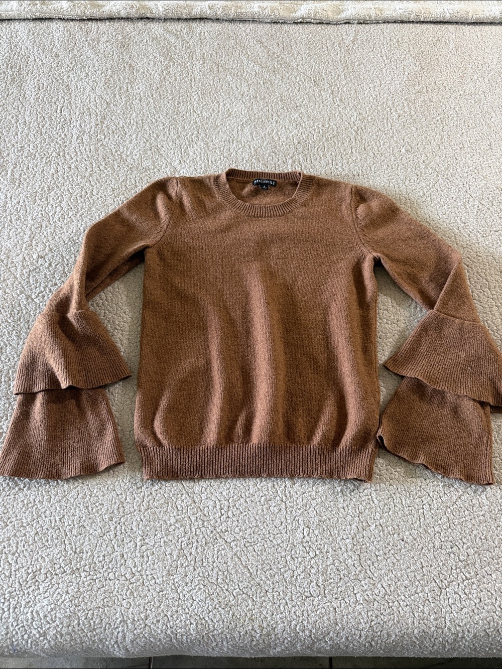 J. Crew Wool Blend Brown Tiered Bell Sleeve Crewneck Sweater Small